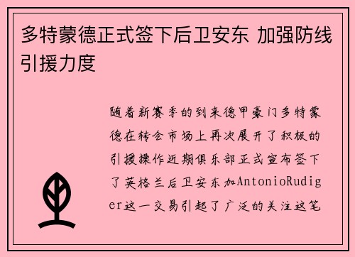 多特蒙德正式签下后卫安东 加强防线引援力度