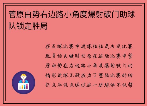 菅原由势右边路小角度爆射破门助球队锁定胜局